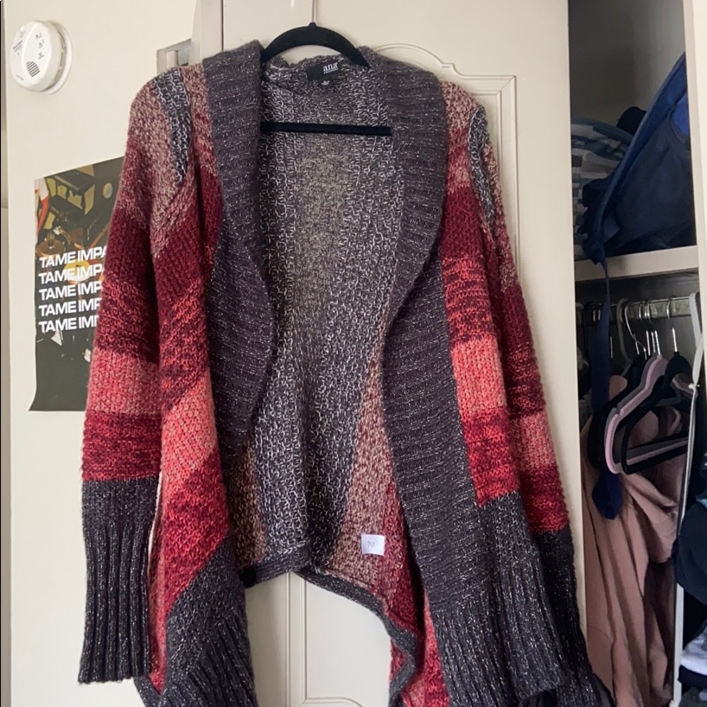 festive maroon and grey wool cardigan